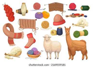 Wool knitting set vector illustration. Cartoon isolated woolen balls and reels, rolls and threads of yarn, tools to knit handmade warm knitwear and knitted scarf and hat, fluffy alpaka lama and sheep