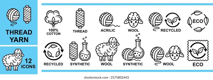 Wool knitting yarn ball, synthetic sewing thread skein spool, cotton, acrylic fiber, knitwear clothing line icon. Sheep animal.  Recycling eco textile. Tailoring clothes, needlework material. Vector