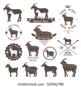 Wool labels. Angora goat emblems collection. Logo set for cashmere and mohair  products.