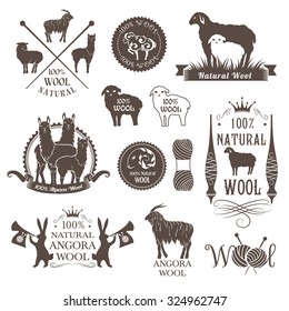 Wool labels and design elements. Logo set of sheep, alpaca, rabbit and goat signs and emblems for 100% natural products.