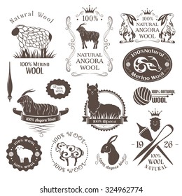 Wool labels, elements and logos. Set of sheep, alpaca, rabbit and goat stickers and emblems for 100% natural products.