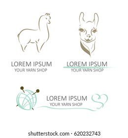 Wool labels, elements and logos. Set of sheep, alpaca, stickers and emblems for 100% natural products.