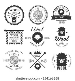 Wool labels and elements. Stickers and emblems for natural wool products. Vector set