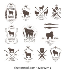 Wool labels and emblems collection. Sheep, alpaca, rabbit and goat signs for 100% natural products.