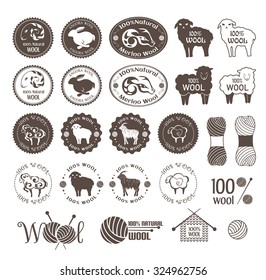 Wool labels. Set of sheep, rabbit and goat and merino stickers. Signs and emblems for 100% natural products.