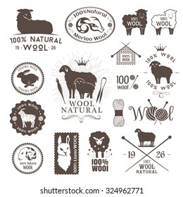 Wool labels, stickers and logos. Set of sheep, alpaca, rabbit and goat signs and emblems for 100% natural products.