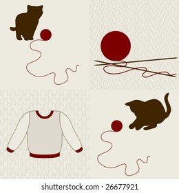 Wool objects, kittens and seamless backgrounds set. Vector illustration.