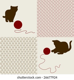 Wool objects, kittens and seamless backgrounds set. Vector illustration.