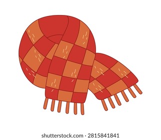Wool scarf curled into a loop with check pattern, tassel fringe, and stitched texture in a hand-drawn cartoon style. Symbol of warmth, comfort, and cozy winter mood. Cartoon vector illustration.