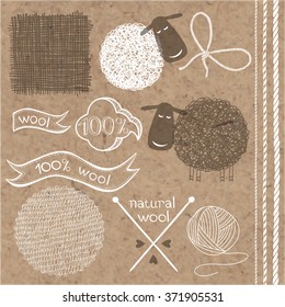 Wool  set. Wool labels, stickers and elements isolated on kraft paper background. 