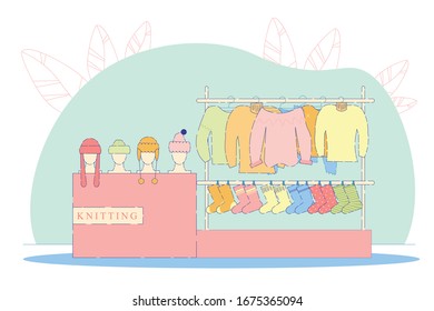 Wool Shop Interior Flat Cartoon Vector Illustration. Colorful Socks, Hats and Sweaters. Knitting Hobby. Hand Made Accessories. Warm Clothing, Winter Knitwear. Garments Store Products.