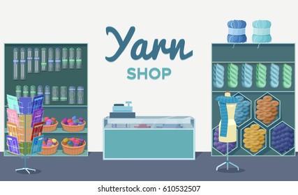 Wool shop interior template with yarn skeins, knitting tools,  m