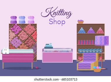 Wool shop interior template with yarn skeins, crafts icons isolated, knitting tools, machine and handmade hobby accessories in flat style vector illustration