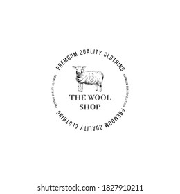 The wool shop logo with hand drawn lamb. Vector illustration in retro style