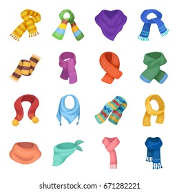 Wool, silk, polyester kinds of material for scarves and shawls.Scarves And Shawls set collection icons in cartoon style vector symbol stock illustration web.