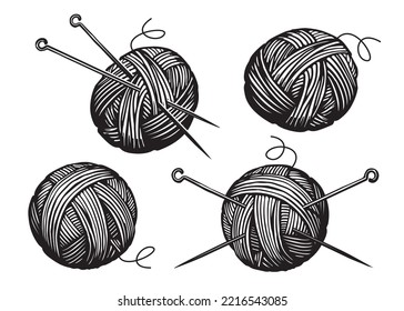 Wool skein, ball of yarn and needles. Knitting, crochet, knitwear symbol. Sketch vintage vector illustration