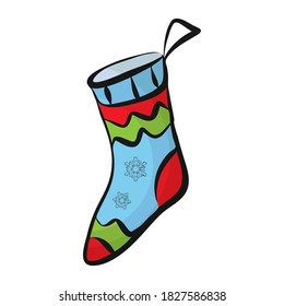 Wool sock icon. Cute decorative colored flat cartoon style, hand drawn doodle ink brush stroke illustration. Isolated element.   Christmas, New Year, winter holiday design. White background, vector
