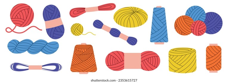 Wool and spool collection. Cartoon handmade spool with thread yarn, colorful handmade textile equipment for sewing. Vector knitting and sewing set. Handcraft, making accessories hoppy
