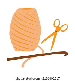 Wool spool for knitting flat vector isolated illustration. Crochet hook. Handmade concept. Relaxing hobby time. Instrument for knitting clothes. Handicraft collection