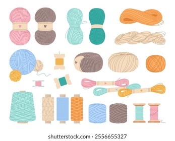 Wool and spool. Sewing and knitting colorful threads, coils, spools and bobbins, handmade textile equipment, handcraft items, hobby handmade material, cartoon flat isolated vector set