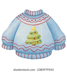  wool sweater with Christmas tree pattern watercolor style paintings
