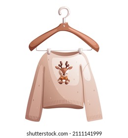 A wool sweater with a cute toy deer print is hanging on a hanger. Detailed vector illustration.