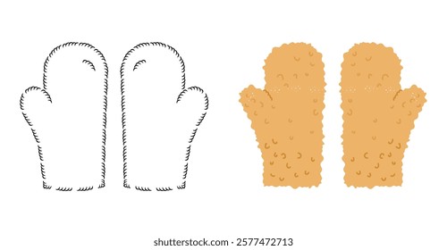 Wool Teddy Mitten Gloves Fur One-Fingered beige catroon and flat mockup sketch outline Fashion hand accessory clothing technical illustration garment. Vector front back view for Men women unisex style