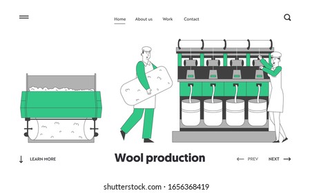 Página de Aterrizaje de la Industria Textil de Lana. Trabajadores de fábrica en posición uniforme cerca del control del tejedor de tejedores se ciernen creando tela. Banner de la página web de instalaciones de planta. Ilustración lineal del vector plano de caricatura