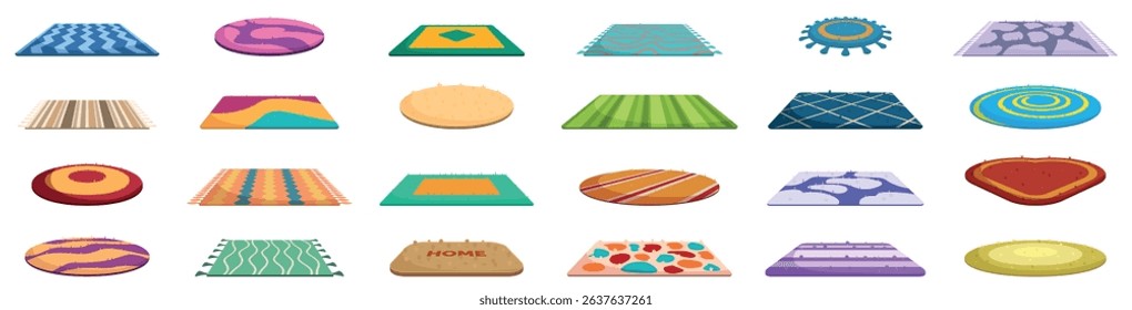 Wool textile mat icons set. Carpets and rugs are displayed showcasing a variety of textures, shapes, colors, and patterns, suitable for diverse interior design preferences