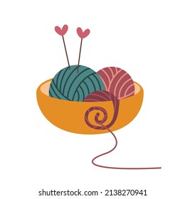 Сolorful wool yarn ball and knitting needles in a yarn bowl. Vector flat illustration, isolated, cartoon, clipart.