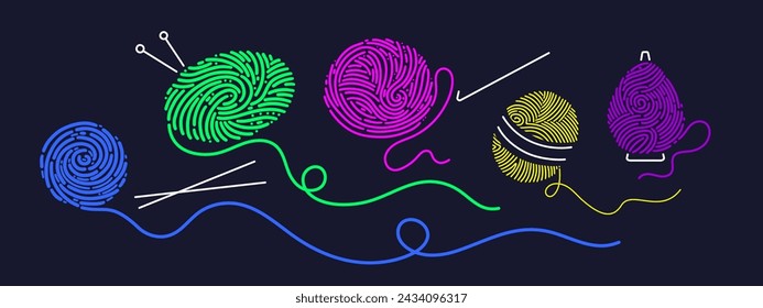 Wool yarn balls and round skeins of knitting thread set. Merino for knit needles, cotton for crochet. Crafting hobby. Detailed vector illustration. Symbol of handmade process