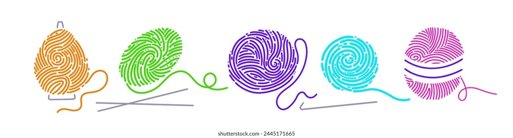 Wool yarn balls and round skeins of knitting thread collection. Merino for knit needles, cotton for crochet. Crafting home hobby. Vector illustration. Symbol of handmade process