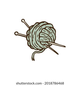 Wollgarne und Stricknadeln, ziehend - Fadenrollenball einzeln auf weißem Hintergrund. Handgezeichnete Nadelarbeit und Hobbyhandwerkssymbol, Vektorgrafik.