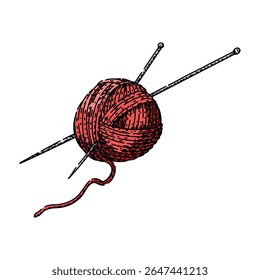 wool yarn needle knit hand drawn. cotton acrylic, hook loom, thread craft wool yarn needle knit vector sketch. isolated color illustration