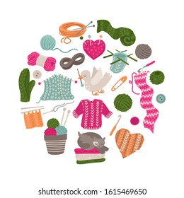 Wool yarn set. Knitting and crochet tools: yarn, needles, pin, button. Handmade clothes: scarf, mittens and jacket. Knit clip art. Vector cartoon illustration. Isolated on white background.