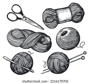 Wool yarn sketch. Handmade needlework design elements. Knitting tools set. Hand drawn vintage vector illustration