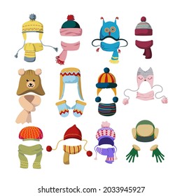 Woolen caps and scarves flat vector illustrations set. Collection of warm autumn or winter hats for women and children, protection from cold weather on white background. Clothes, accessories concept