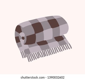 Woolen checkered plaid with fringe or warm rolled tartan blanket isolated on white background. Home decoration in Hygge style, decorative design element. Flat cartoon colorful vector illustration.