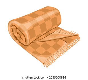 Woolen checkered plaid with fringe or warm rolled tartan blanket isolated on white background. Home decoration in Hygge style, decorative design element. vector illustration.