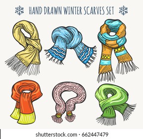 Woolen fashion hand drawn scarves isolated on white background. Christmas vector winter knitted striped scarf set