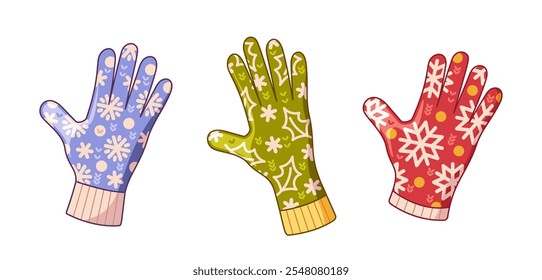 Woolen gloves warm winter accessory with funny native Christmas holiday pattern decoration set