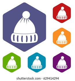 Woolen hat icons set hexagon isolated vector illustration