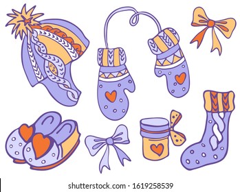 Woolen hat, socks, mittens, slippers,. Vector set of cozy home scandinavian elements. Valentines day. Hand-drawn set of nordic winter doodles. Vector isolated objects for your design. EPS 8.