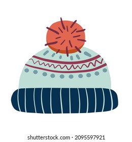 Woolen knitted hand drawn blue hat with pompom. Vector illustration for icon, logo, print, icon, card, emblem, label, web