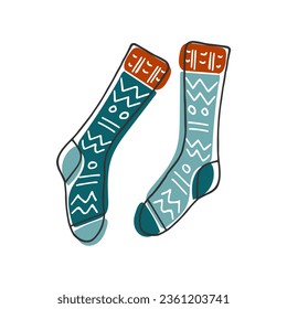 Woolen knitted socks with pattern isolated on white. Line drawn warm clothes. Doodle seasonal design element. Autumn winter accesories