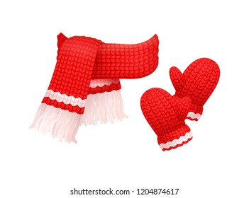 Woolen mittens and knitted scarf with white threads isolated vector. Winter neckcloth and gloves made of cachemire, fashion handmade wintertime cloth