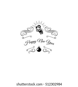 Woolen Mittens. Merry Christmas and Happy New Year Label. Template for Greeting cards. Filigree Curls, Swirls and Ornate decor Scrolling. Vector Illustration