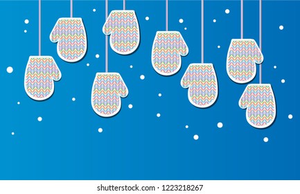 Woolen mittens from a multi-colored yarn banner. Vector illustration