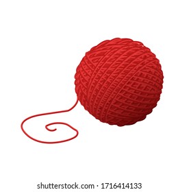 Woolen red ball yarn for knitting. Traditional handicraft, needlework, art of creative knitting. The symbol of a hobby. Vector graphics isolated on white background.