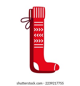 Calcetines altos rojos con un patrón decorativo. Ropa femenina cálida para ilustración vectorial de invierno. Moda, concepto de temporada
